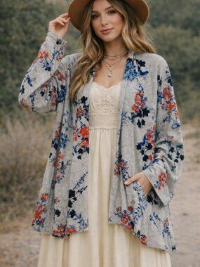 The Look Gray Blue Pink Floral Open‑Front Cardigan Sweater L Boho Cottagecore